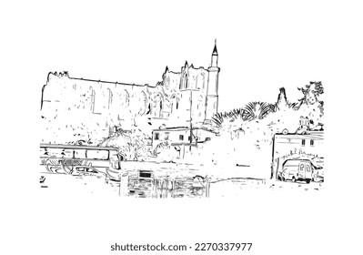 La vista de construcción con un punto de referencia de Protaras es el 
municipio de Chipre.
Dibujo a mano de ilustración de esbozo en vector.