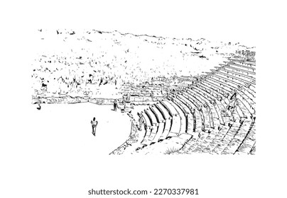Building view with landmark of Protaras is the 
municipality in Cyprus.
Hand drawn sketch illustration in vector.