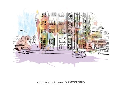Building view with landmark of Protaras is the 
municipality in Cyprus.
Watercolor splash with hand drawn sketch illustration in vector.