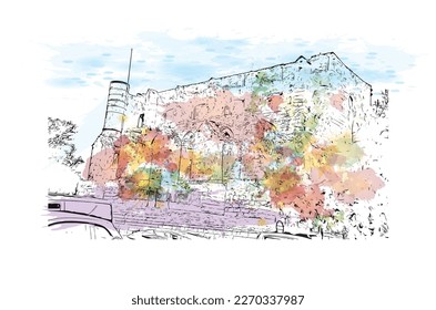 Building view with landmark of Protaras is the 
municipality in Cyprus.
Watercolor splash with hand drawn sketch illustration in vector.