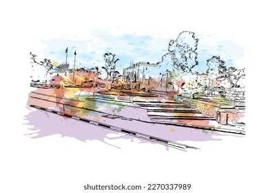 Building view with landmark of Protaras is the 
municipality in Cyprus.
Watercolor splash with hand drawn sketch illustration in vector.