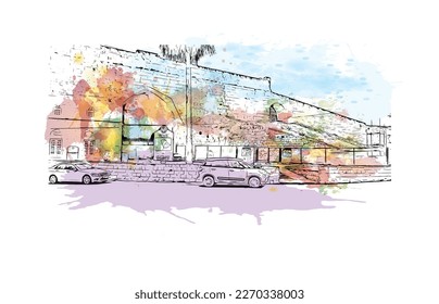La vista de construcción con un punto de referencia de Protaras es el 
municipio de Chipre.
Salto de color de agua con ilustración de esbozo dibujada a mano en vector.