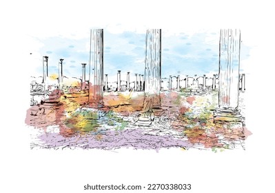 Die Aussicht auf das Gebäude mit Wahrzeichen von Protaras ist die 
Gemeinde in Zypern.
Aquarellspritzer mit handgezeichneter Skizzengrafik in Vektorgrafik.