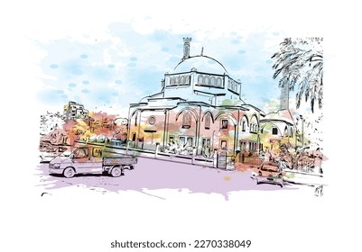 Die Aussicht auf das Gebäude mit Wahrzeichen von Protaras ist die 
Gemeinde in Zypern.
Aquarellspritzer mit handgezeichneter Skizzengrafik in Vektorgrafik.