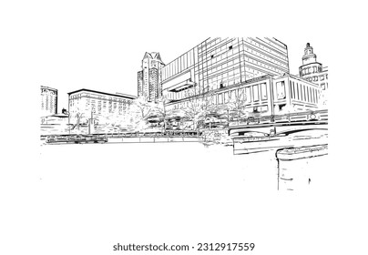 Building view with landmark of Providence is the capital city in U.S. state. Hand drawn sketch illustration in vector.