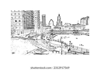 Building view with landmark of Providence is the capital city in U.S. state. Hand drawn sketch illustration in vector.