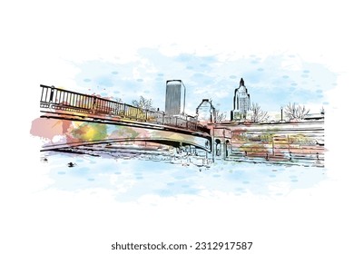 Building view with landmark of Providence is the capital city in U.S. state. Watercolor splash with hand drawn sketch illustration in vector.