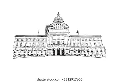 Building view with landmark of Providence is the capital city in U.S. state. Hand drawn sketch illustration in vector.