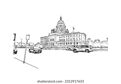 Building view with landmark of Providence is the capital city in U.S. state. Hand drawn sketch illustration in vector.