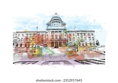Building view with landmark of Providence is the capital city in U.S. state. Watercolor splash with hand drawn sketch illustration in vector.