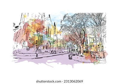 Building view with landmark of Providence is the capital city in U.S. state. Watercolor splash with hand drawn sketch illustration in vector.