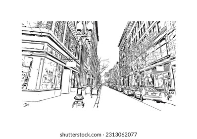 Building view with landmark of Providence is the capital city in U.S. state. Hand drawn sketch illustration in vector.