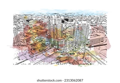 Building view with landmark of Providence is the capital city in U.S. state. Watercolor splash with hand drawn sketch illustration in vector.