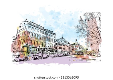 Building view with landmark of Providence is the capital city in U.S. state. Watercolor splash with hand drawn sketch illustration in vector.