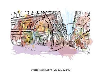 Building view with landmark of Providence is the capital city in U.S. state. Watercolor splash with hand drawn sketch illustration in vector.