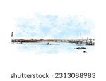 Building view with landmark of Provincetown is the town in Massachusetts. Watercolor splash  with hand drawn sketch illustration in vector.
