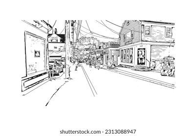 Building view with landmark of Provincetown is the town in Massachusetts. Hand drawn sketch illustration in vector.