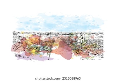 Building view with landmark of Provincetown is the town in Massachusetts. Watercolor splash  with hand drawn sketch illustration in vector.