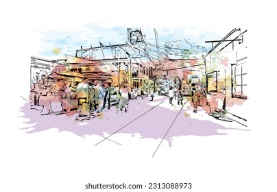 Building view with landmark of Provincetown is the town in Massachusetts. Watercolor splash  with hand drawn sketch illustration in vector.