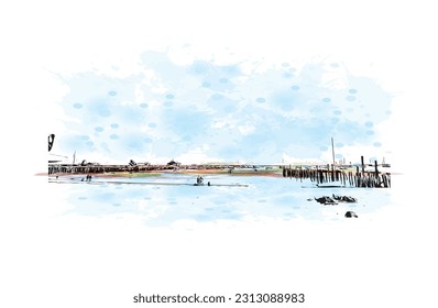 Building view with landmark of Provincetown is the town in Massachusetts. Watercolor splash  with hand drawn sketch illustration in vector.