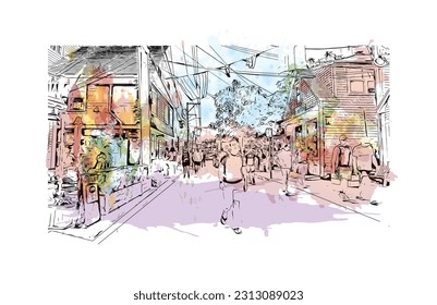 Building view with landmark of Provincetown is the town in Massachusetts. Watercolor splash  with hand drawn sketch illustration in vector.
