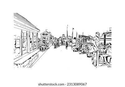 Building view with landmark of Provincetown is the town in Massachusetts. Hand drawn sketch illustration in vector.