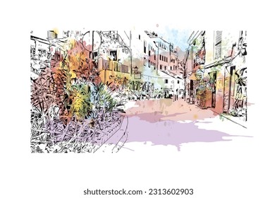 Building view with landmark of    Pueblo is a city in Colorado. Watercolor splash with hand drawn sketch illustration in vector.