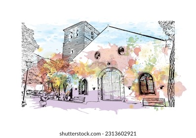 Building view with landmark of    Pueblo is a city in Colorado. Watercolor splash with hand drawn sketch illustration in vector.