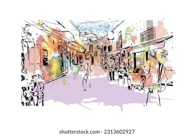 Building view with landmark of    Pueblo is a city in Colorado. Watercolor splash with hand drawn sketch illustration in vector.