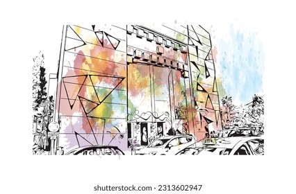 Building view with landmark of    Pueblo is a city in Colorado. Watercolor splash with hand drawn sketch illustration in vector.