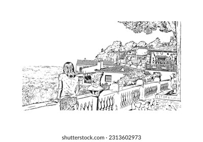 Building view with landmark of    Pueblo is a city in Colorado. Hand drawn sketch illustration in vector.
