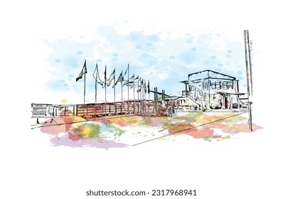 Building view with landmark of Puerto Baquerizo Moreno is the 
city in Ecuador. Watercolor splash with hand drawn sketch illustration in vector.