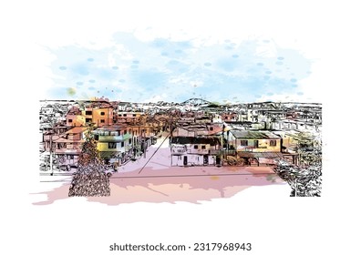 Building view with landmark of Puerto Baquerizo Moreno is the 
city in Ecuador. Watercolor splash with hand drawn sketch illustration in vector.