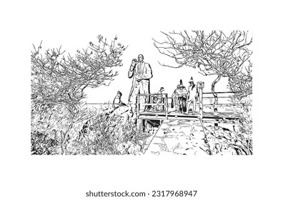 Building view with landmark of Puerto Baquerizo Moreno is the 
city in Ecuador. Hand drawn sketch illustration in vector.