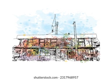 Building view with landmark of Puerto Baquerizo Moreno is the 
city in Ecuador. Watercolor splash with hand drawn sketch illustration in vector.