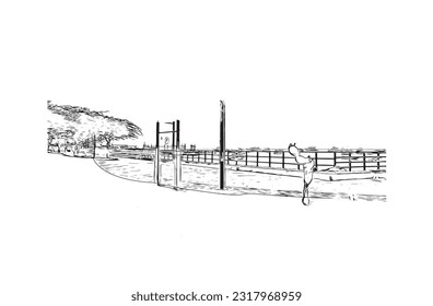 Building view with landmark of Puerto Baquerizo Moreno is the 
city in Ecuador. Hand drawn sketch illustration in vector.