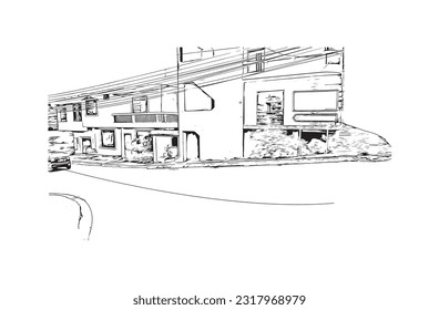 Der Ausblick auf das Gebäude mit Wahrzeichen von Puerto Baquerizo Moreno ist der 
Stadt in Ecuador. Handgezeichnete Skizzengrafik in Vektorgrafik.