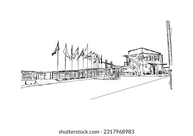 Building view with landmark of Puerto Baquerizo Moreno is the 
city in Ecuador. Hand drawn sketch illustration in vector.