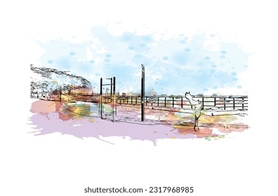 Building view with landmark of Puerto Baquerizo Moreno is the 
city in Ecuador. Watercolor splash with hand drawn sketch illustration in vector.