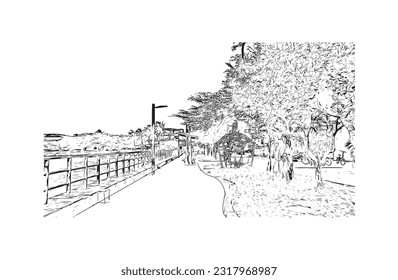 Building view with landmark of Puerto Baquerizo Moreno is the 
city in Ecuador. Hand drawn sketch illustration in vector.