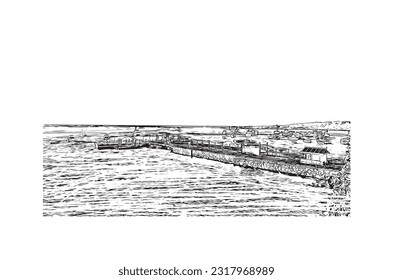 Las vistas al edificio con el punto de referencia del Puerto Baquerizo Moreno son 
ciudad de Ecuador. Dibujo a mano de ilustración de esbozo en vector.