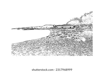 Building view with landmark of Puerto Baquerizo Moreno is the 
city in Ecuador. Hand drawn sketch illustration in vector.