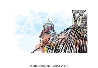 Building view with landmark of Puerto de la Cruz is the 
city in Spain.Watercolor splash with hand drawn sketch illustration in vector.