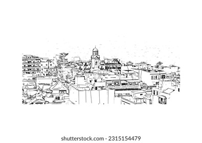 Building view with landmark of Puerto de la Cruz is the 
city in Spain. Hand drawn sketch illustration in vector.