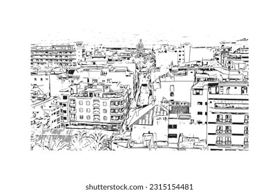 Building view with landmark of Puerto de la Cruz is the 
city in Spain. Hand drawn sketch illustration in vector.