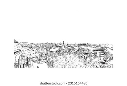 Building view with landmark of Puerto de la Cruz is the 
city in Spain. Hand drawn sketch illustration in vector.