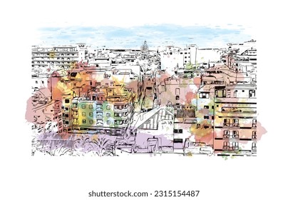 Building view with landmark of Puerto de la Cruz is the 
city in Spain.Watercolor splash with hand drawn sketch illustration in vector.