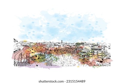 Building view with landmark of Puerto de la Cruz is the 
city in Spain.Watercolor splash with hand drawn sketch illustration in vector.