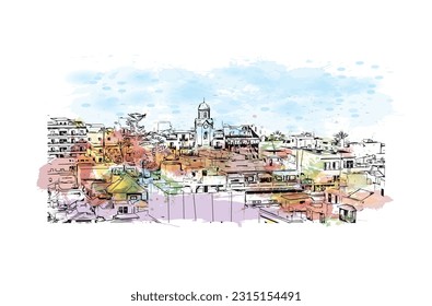 Building view with landmark of Puerto de la Cruz is the 
city in Spain.Watercolor splash with hand drawn sketch illustration in vector.