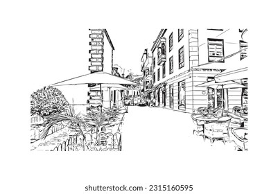 Building view with landmark of Puerto de la Cruz is the 
city in Spain. Hand drawn sketch illustration in vector.